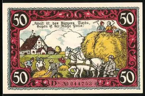 Notgeld Friesack, 1921, 50 Pfennig, Arbeit des Bürgers Zierde mit landwirtschaftlicher Szene und Kurfürst Friedrich I.