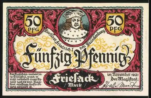 Notgeld Friesack, 1921, 50 Pfennig, Arbeit des Bürgers Zierde mit landwirtschaftlicher Szene und Kurfürst Friedrich I.