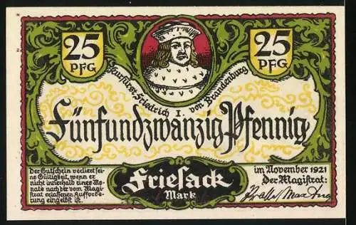 Notgeld Friesack, 1921, 25 Pfennig, Schiller-Park, Porträt von Kurfürst Friedrich I. von Brandenburg