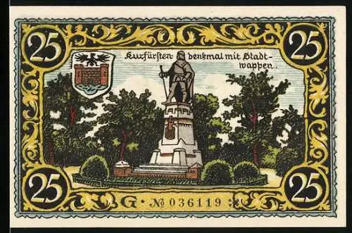 Notgeld Friesack, 1921, 25 Pfennig, Kurfürstendenkmal mit Stadtwappen und Friedrich I. von Brandenburg