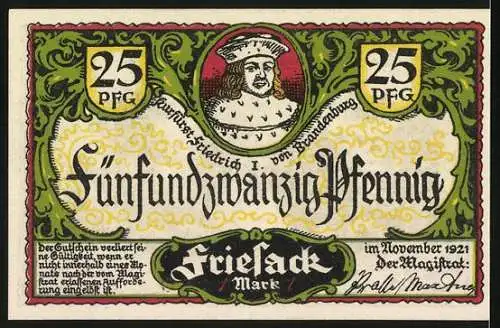 Notgeld Friesack, 1921, 25 Pfennig, Kurfürstendenkmal mit Stadtwappen und Friedrich I. von Brandenburg