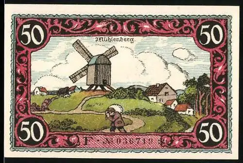 Notgeld Friesack, 1921, 50 Pfennig, Mühlenberg mit Windmühle und Friedrich I. von Brandenburg