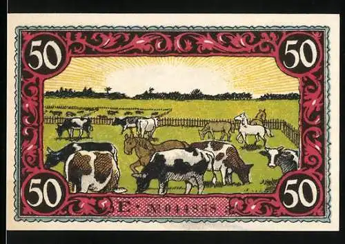 Notgeld Friesack, 1921, 50 Pfennig, Landschaft mit Kühen und Porträt von Kurfürst Friedrich I. von Brandenburg