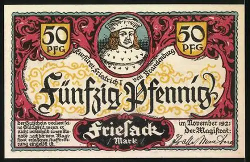 Notgeld Friesack, 1921, 50 Pfennig, Landschaft mit Kühen und Porträt von Kurfürst Friedrich I. von Brandenburg