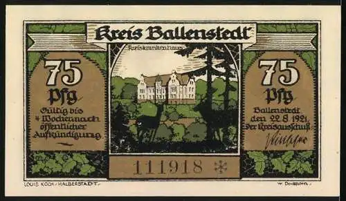 Notgeld Ballenstedt, 1921, 75 Pfennig, Zwerg schlägt Blitz u. Beeren dampfen