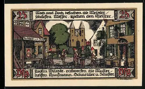 Notgeld Ballenstedt, 1921, 25 Pfennig, Stadtansicht mit Handwerkern, Burg und Landschaft