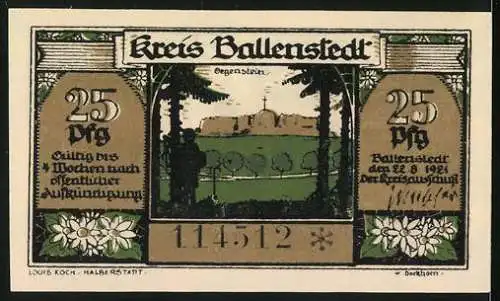 Notgeld Ballenstedt, 1921, 25 Pfennig, Stadtansicht mit Handwerkern, Burg und Landschaft