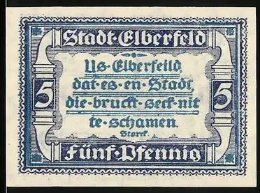 Notgeld Elberfeld, 1920, 5 Pfennig, Blau-Weiss mit Inschrift und Stadtwappen