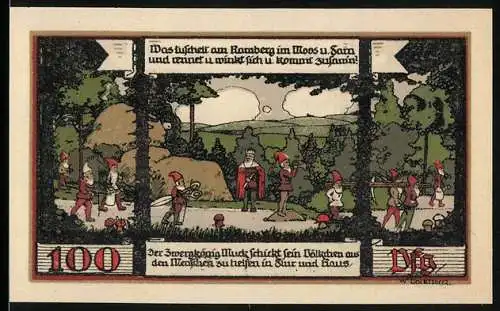 Notgeld Ballenstedt, 1921, 100 Pfennig, Zwergenkönig schützt sein Völkchen und Viktorshöhe