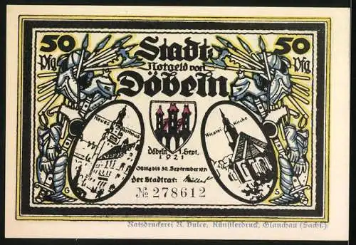 Notgeld Döbeln 1921, 50 Pfennig, Überfall in der Fastnacht-Nacht 1450, Neues und Nicolaikirche