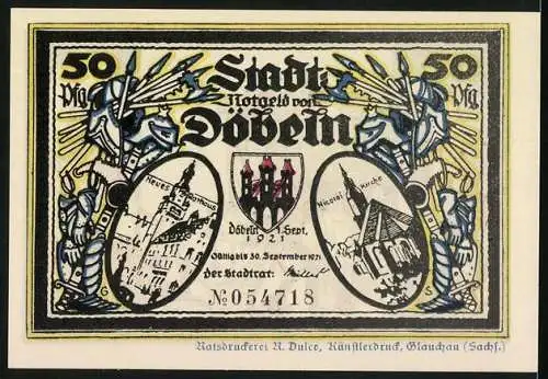 Notgeld Döbeln, 1921, 50 Pfennig, Stadtansichten mit Rittern und Bauarbeitern