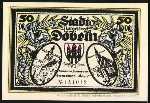 Notgeld Döbeln 1921, 50 Pfennig, Ritter mit Wappen und Stadtansichten