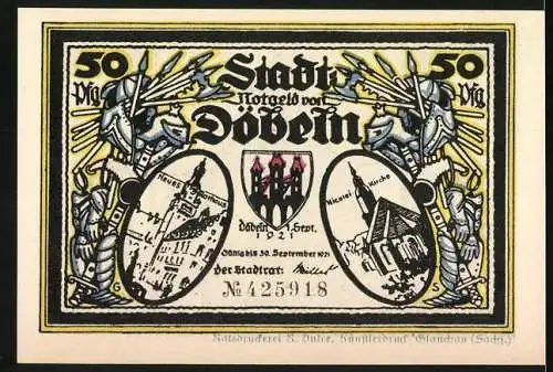 Notgeld Döbeln, 1921, 50 Pfennig, Angriff auf Kriebstein, Stadtansicht und Kirchenabbildungen