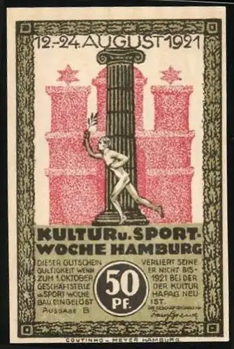 Notgeld Hamburg 1921, 50 Pfennig, Kultur- und Sportwoche mit Athleten-Motiv und Hamburger Hafenansicht