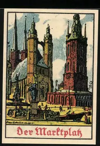 Notgeld Halle (Saale), 1921, 50 Pfennig, Der Marktplatz und Stadtwappen mit Figuren