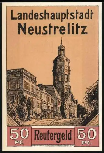 Notgeld Neustrelitz, 50 Pfennig, Reutergeld mit Stadtansicht und Kirchturm, 1921