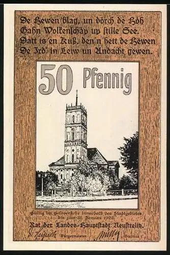 Notgeld Neustrelitz, 50 Pfennig, Reutergeld mit Stadtansicht und Kirchturm, 1921