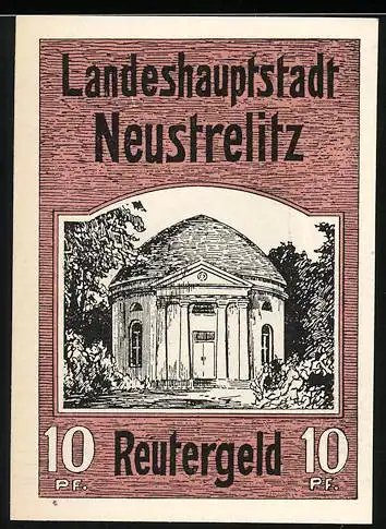 Notgeld Neustrelitz, 1922, 10 Pf, Reutergeld mit Gebäude und Brunnen