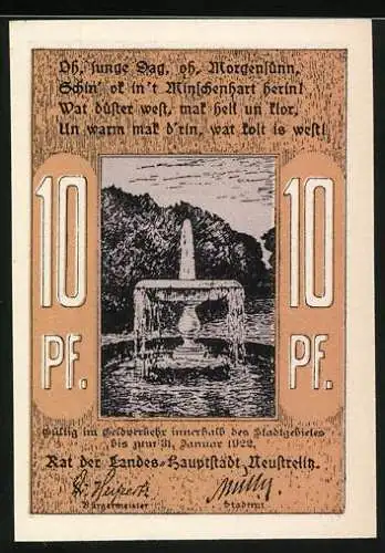 Notgeld Neustrelitz, 1922, 10 Pf, Reutergeld mit Gebäude und Brunnen