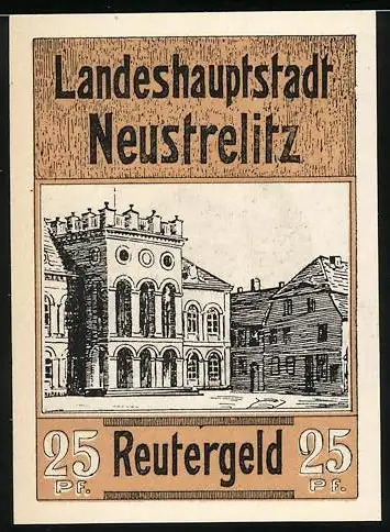 Notgeld Neustrelitz, 1920, 25 Pfennig, Reutergeld mit Stadtansicht und Tempelmotiv