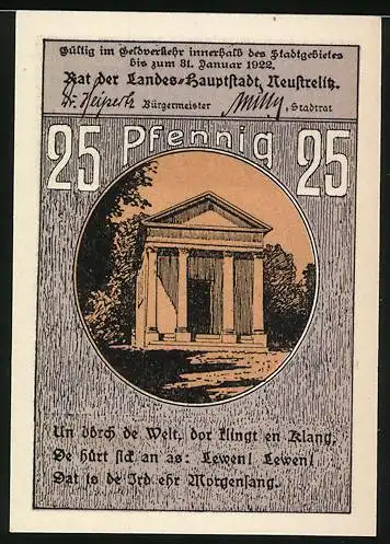 Notgeld Neustrelitz, 1920, 25 Pfennig, Reutergeld mit Stadtansicht und Tempelmotiv