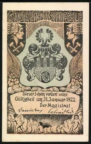 Notgeld Celle, 1922, 50 Pfennig, Baumgruppe und Figuren, Wappen und Gültigkeitsdatum