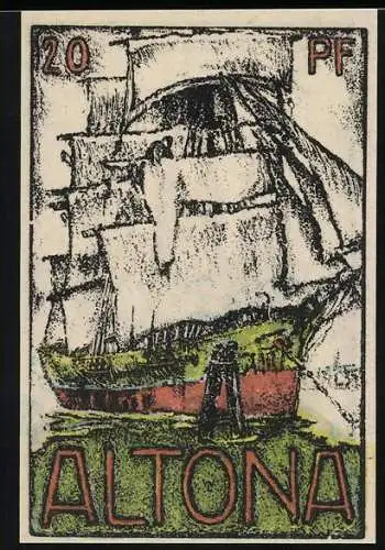 Notgeld Altona, 1921, 20 Pf, Segelschiff und dreitürmiges Gebäude