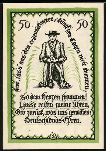 Notgeld Delbrück i. Westf., 1921, 50 Pfennig, Mann im Anzug und Gedicht, Stadtwappen und Inschrift, grün und schwarz