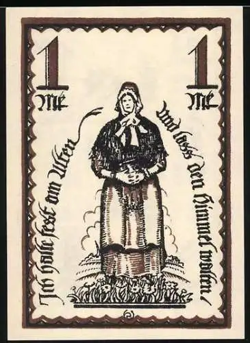 Notgeld Delbrück, 1921, 1 Mark, Frau in Tracht und bäuerliche Szene