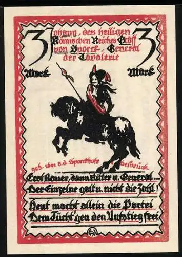 Notgeld Delbrück 1921, 3 Mark, Reiter auf Pferd und Schriftzüge in Rot und Schwarz