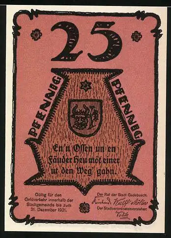 Notgeld Gadebusch, 1921, 25 Pfennig, Reutergeld der Stadt Gadebusch mit Gebäude und Wappen