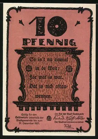 Notgeld Gadebusch, 1921, 10 Pfennig, Reutergeld mit Stadtszene und Plattdeutschem Text