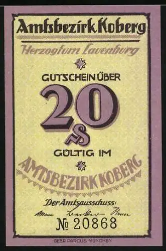 Notgeld Koberg, 20 S, Motiv Ludwigsstein, gelb und lila