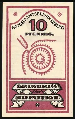 Notgeld Koberg, 10 Pfennig, Grundriss der Silkenburg III, Amtsbezirk Koberg, lateinischer Text, Unterschriften