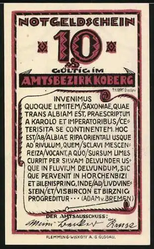 Notgeld Koberg, 10 Pfennig, Grundriss der Silkenburg III, Amtsbezirk Koberg, lateinischer Text, Unterschriften