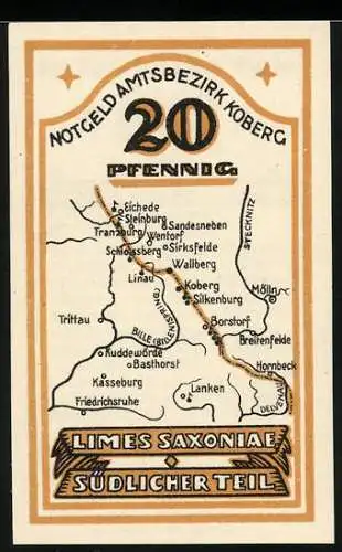 Notgeld Koberg, 20 Pfennig, Limes Saxoniae Südlicher Teil, Landkarte und lateinischer Text, 1921