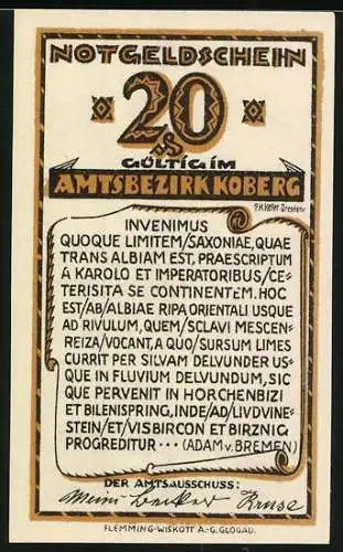 Notgeld Koberg, 20 Pfennig, Limes Saxoniae Südlicher Teil, Landkarte und lateinischer Text, 1921