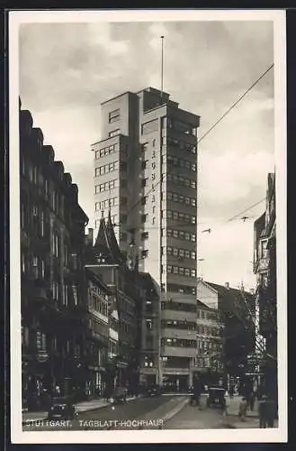 AK Stuttgart, Strassenpartie am Tagblatt-Hochhaus