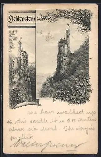 Lithographie Honau / Württ., Blick auf Lichtenstein