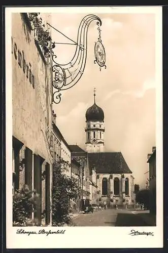 AK Schongau, Strassenbild mit Gasthausschild und Kirche