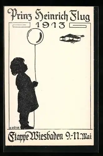 Künstler-AK Wiesbaden, Prinz Heinrich Flug 1913, Etappe 9.-11. Mai, Kind mit Ballon und Flugzeug