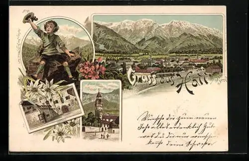 Vorläufer-Lithographie Hall in Tirol, 1894, Münzerthurm, Rathaus, Panorama, Tiroler Bub in Tracht