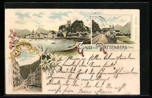 Lithographie Rattenberg, Biener Strasse, Eisenbahn und Tunnel, Uferpartie mit Kaisergebirge