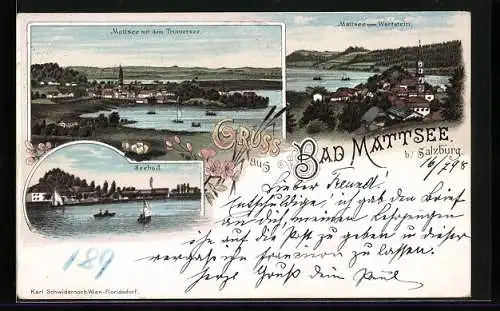 Lithographie Bad Mattsee, Blick zum Seebad, Ortsansicht mit Trumersee