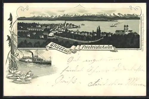 Lithographie Friedrichshafen, Gesamtansicht mit Blick auf den Bodensee, ein Dampfer unterwegs