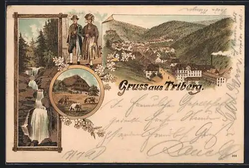 Lithographie Triberg, Wasserfall, Bauernhaus und Trachten