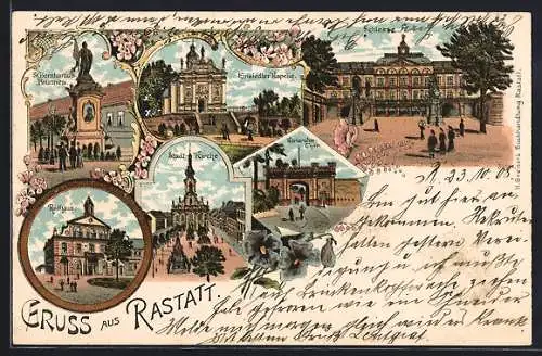 Lithographie Rastatt, Rathaus, Stadtkirche, Karlsruher Tor