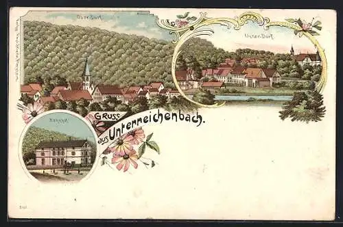 Lithographie Unterreichenbach, Bahnhof, Unter-Dorf und Ober-Dorf