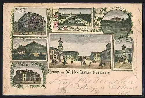 Lithographie Karlsruhe, Kaffee Bauer, Marktplatz, Scheffel Denkmal