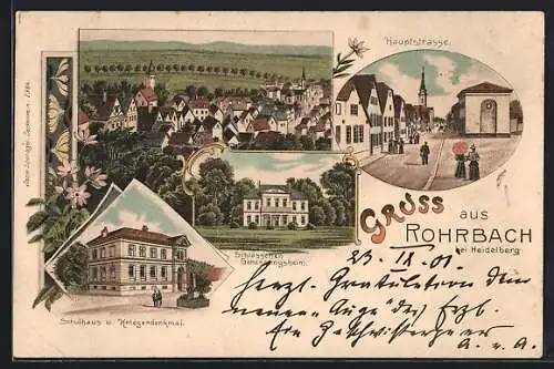 Lithographie Rohrbach bei Heidelberg, Schulhaus und Kriegerdenkmal Hauptstrasse und Schlösschen Genesungsheim